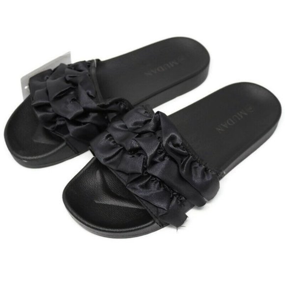 Mudan Slide Sandals Black Satin Ruffle Size 9‎ - Picture 5 of 6